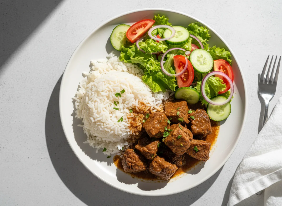 Carne com arroz e salada photo