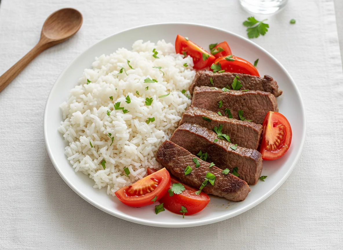 Carne com arroz e tomate photo