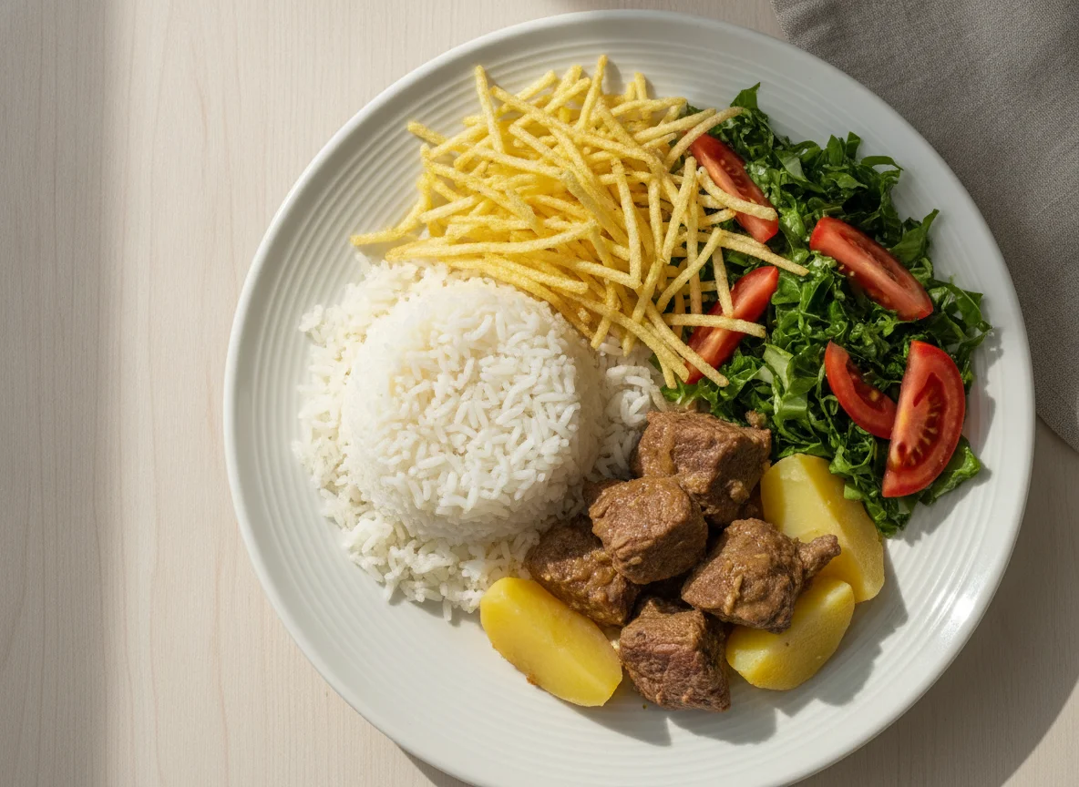 Carne com batata, arroz, salada e batata palha photo