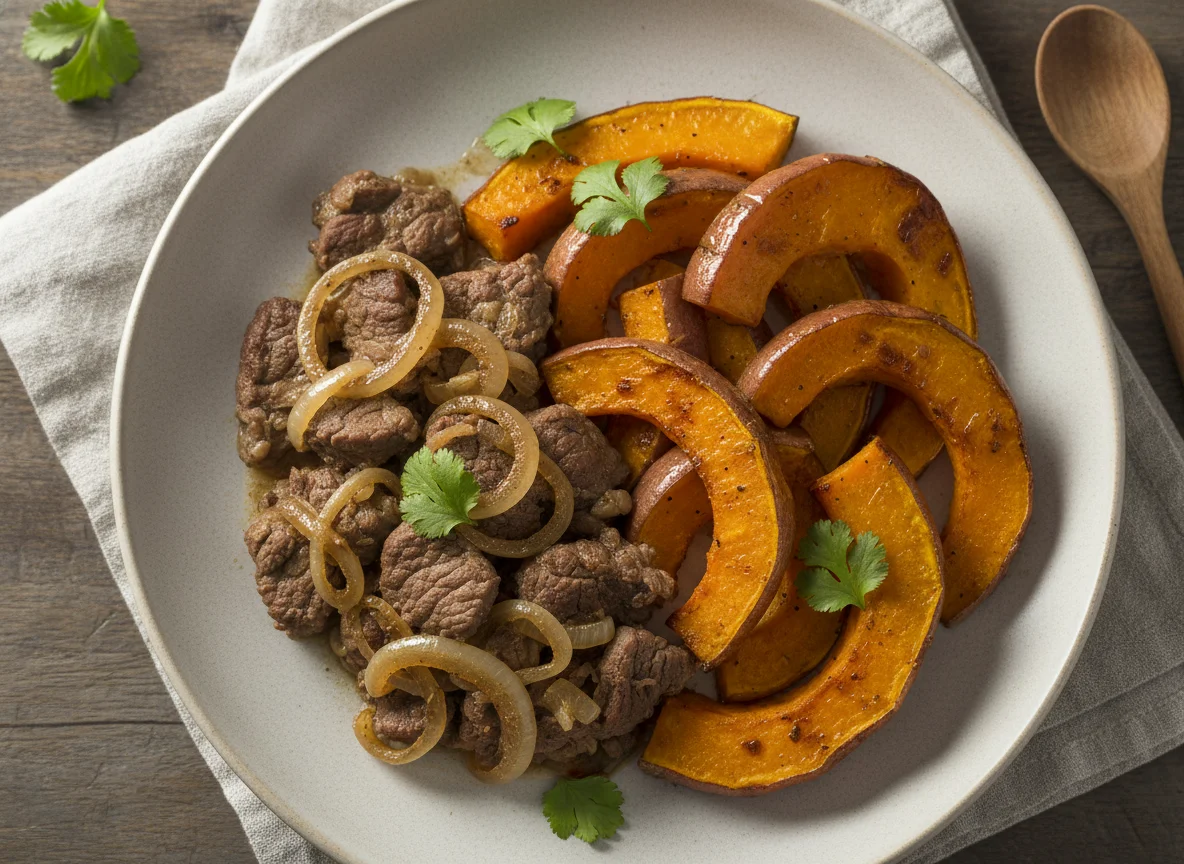 Carne com batata doce e abóbora assadas photo