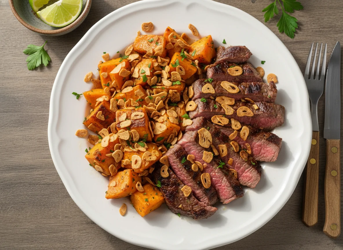 Carne com batata doce e alho photo