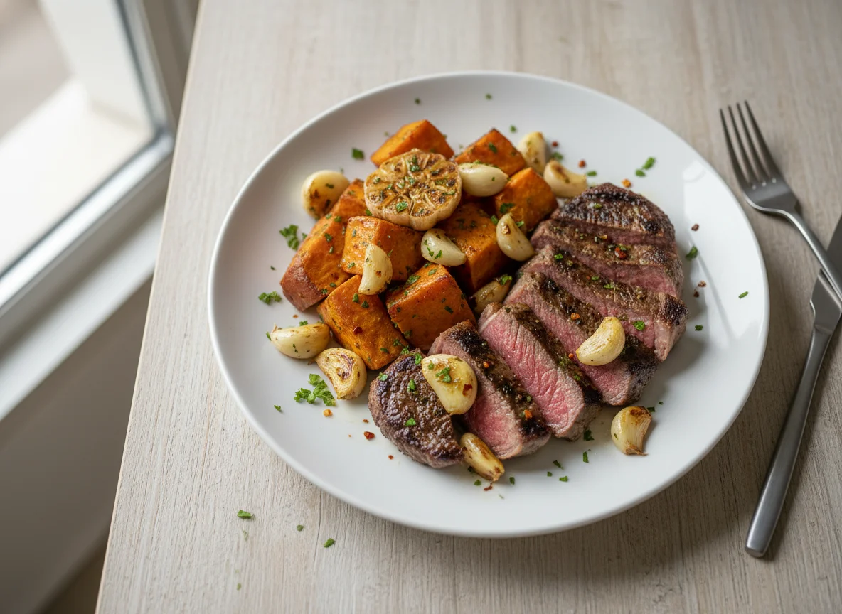 Carne com batata doce e alho assado photo