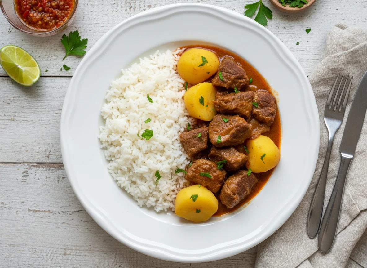 Carne com batata e arroz photo