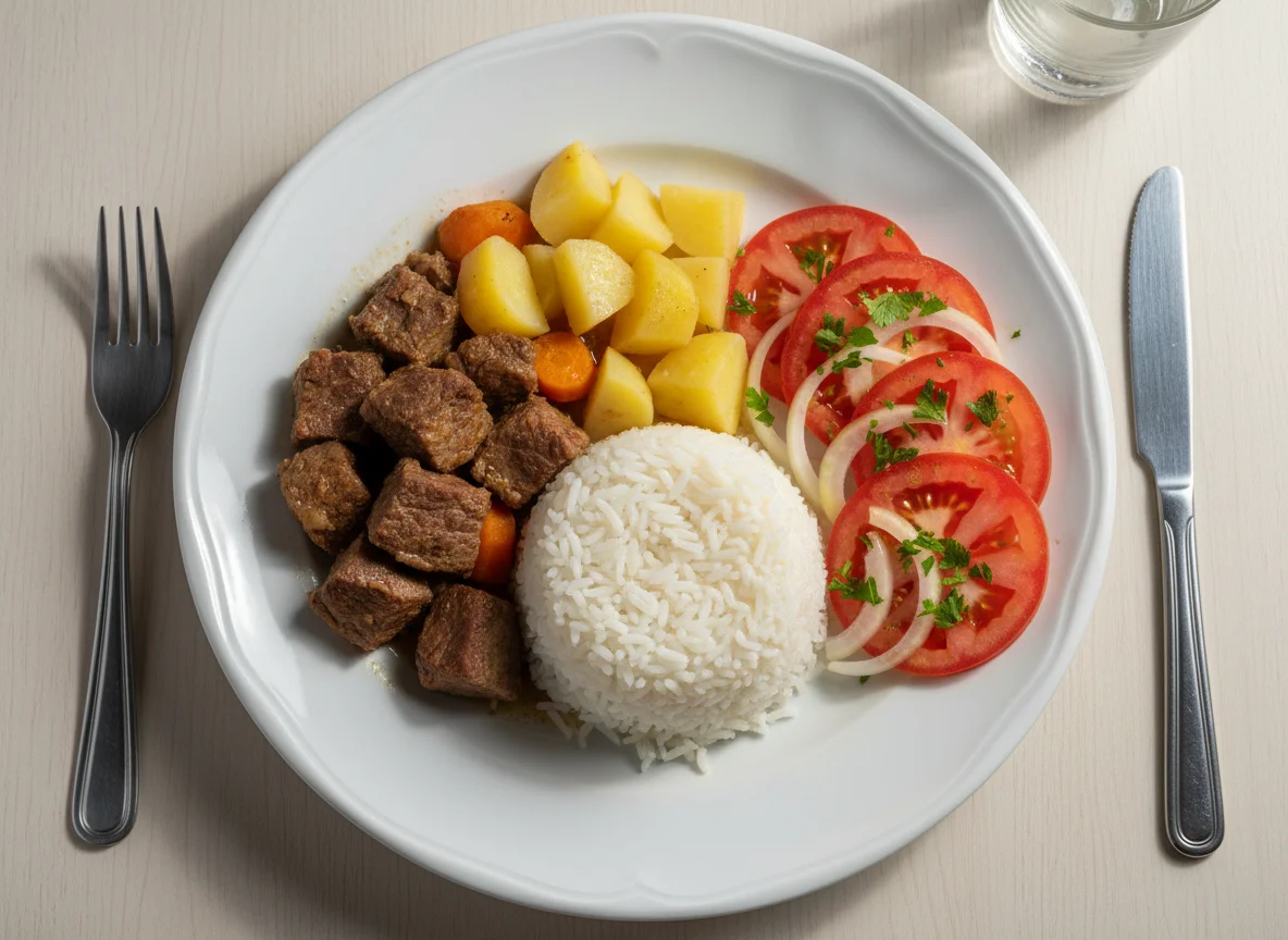 Carne com batata e cenoura, arroz e salada de tomate e cebola photo