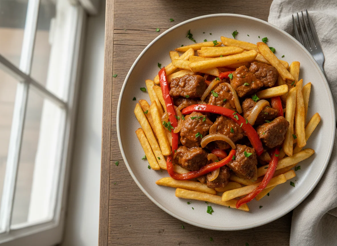 Carne com batata frita e pimentões photo