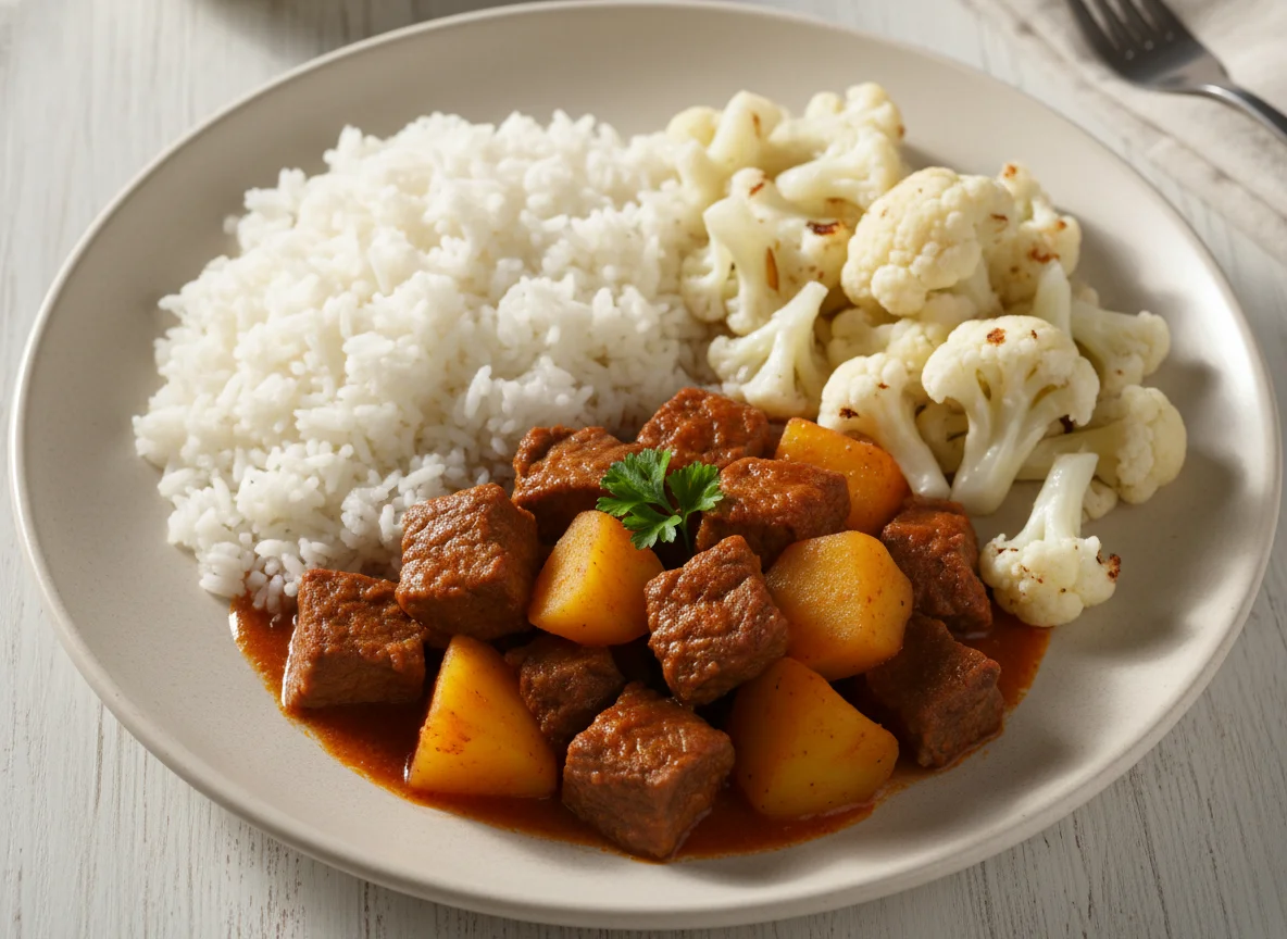 Carne com batatas, arroz e couve-flor photo