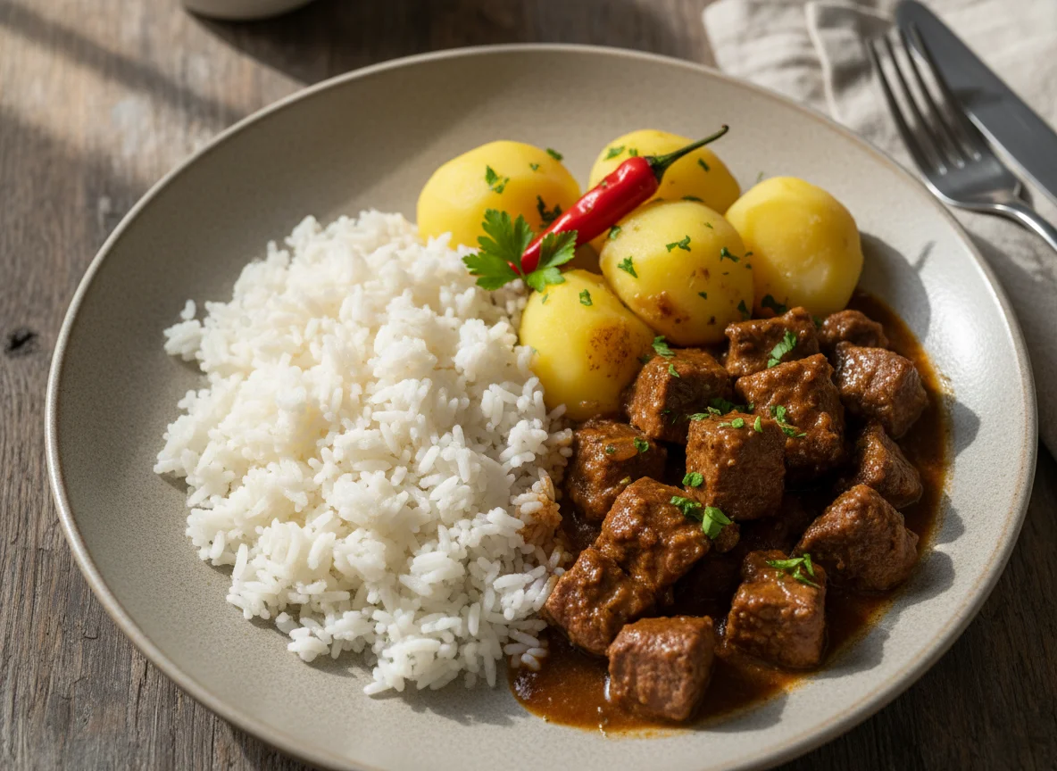 Carne com batatas e arroz photo