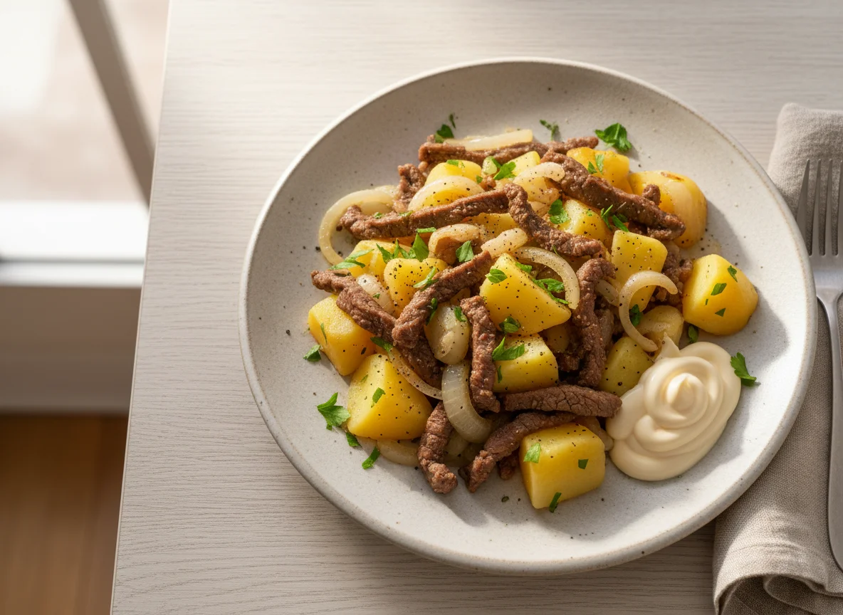 Carne com batatas e cebola photo
