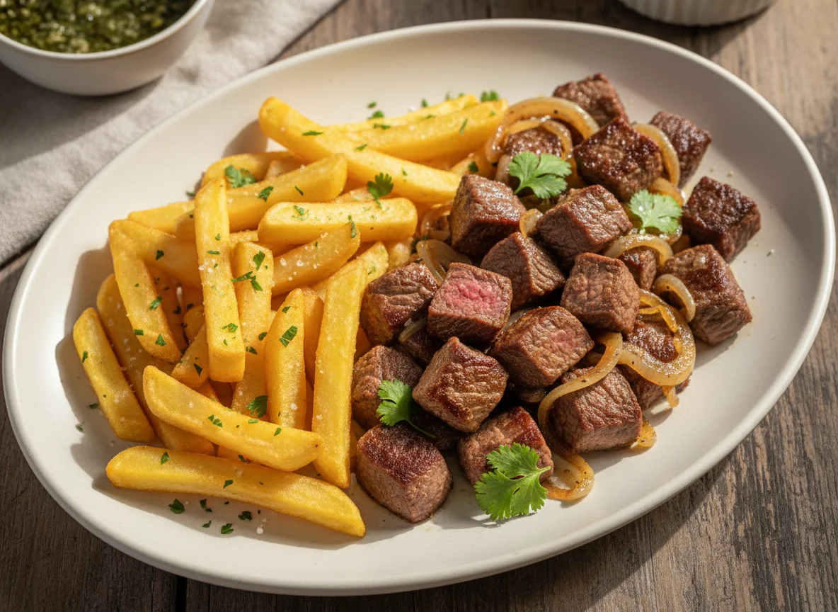 Carne com batatas fritas e cebola photo