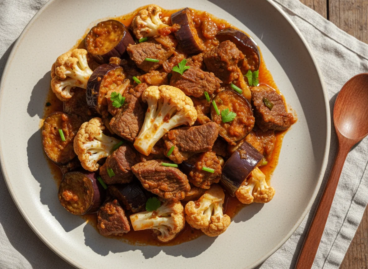Carne com berinjela e couve-flor photo