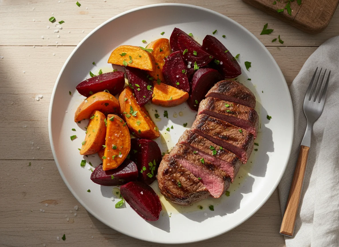 Carne com beterraba e batata doce photo