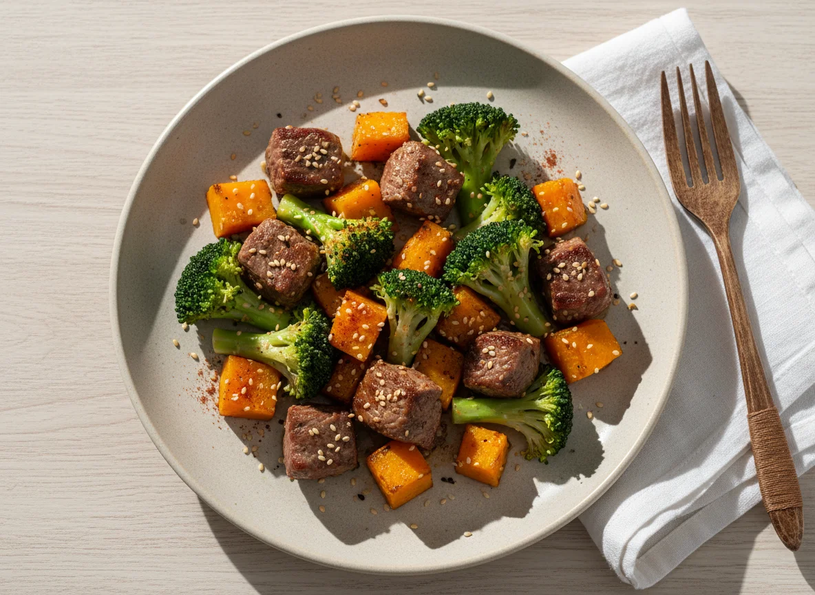 Carne com brócolis e abóbora photo