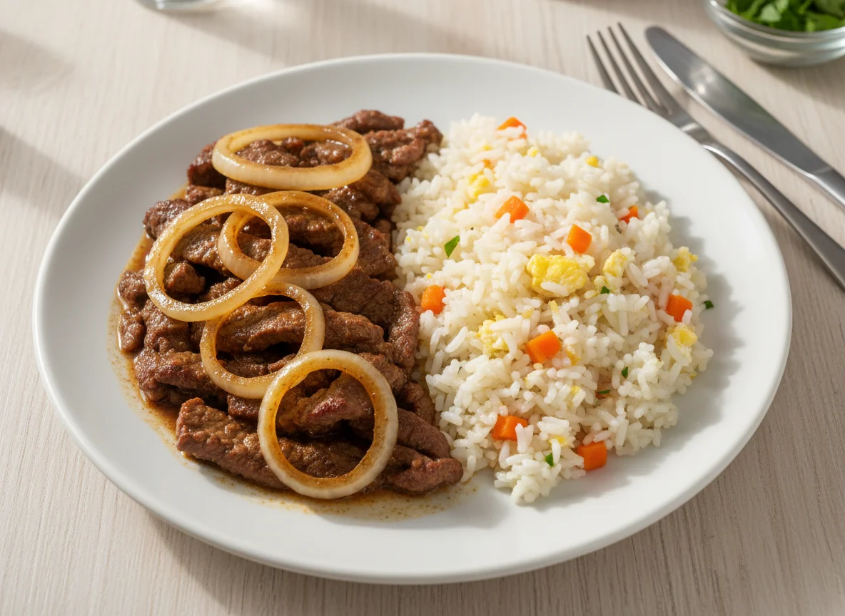 Carne com cebola e arroz frito photo