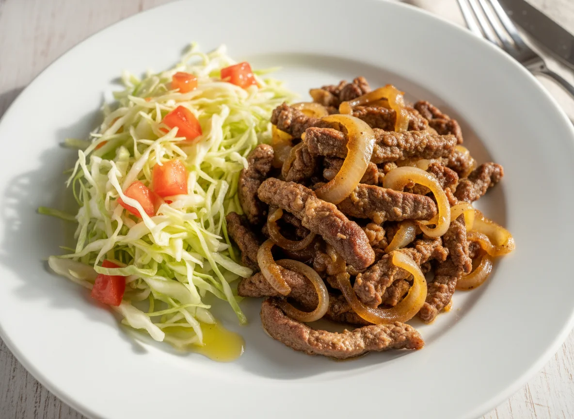 Carne com cebola e salada de repolho photo
