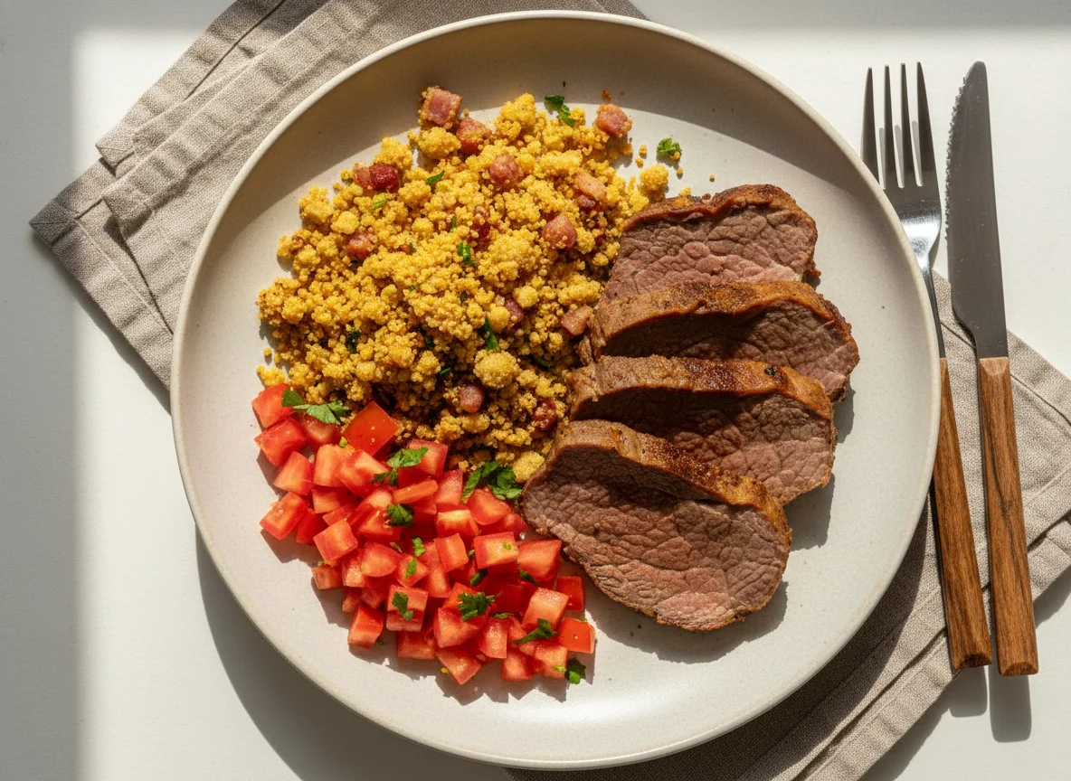 Carne com farofa e tomate photo