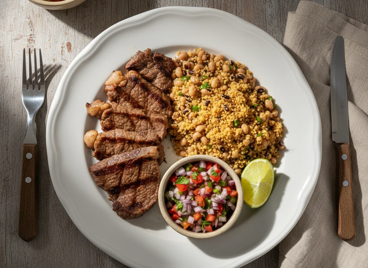 Carne com feijão fradinho e vinagrete photo