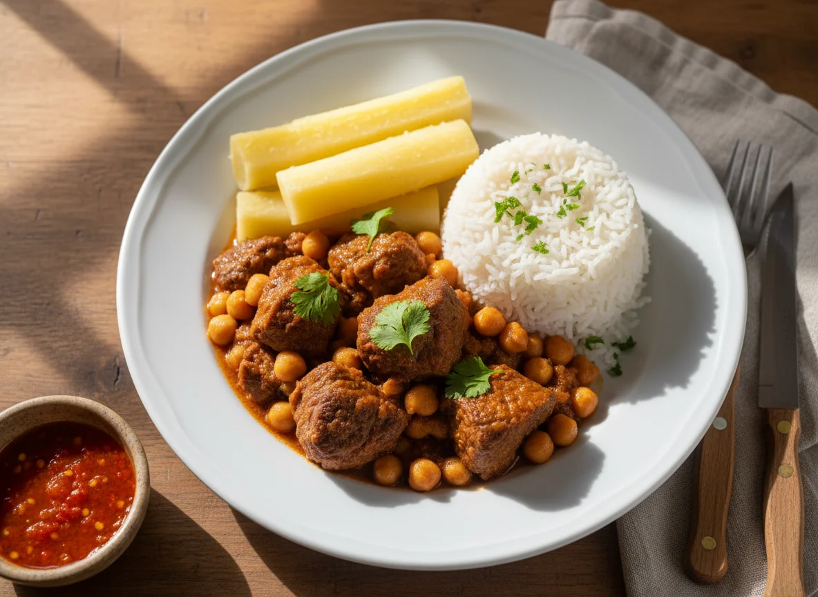 Carne com grão de bico e arroz photo