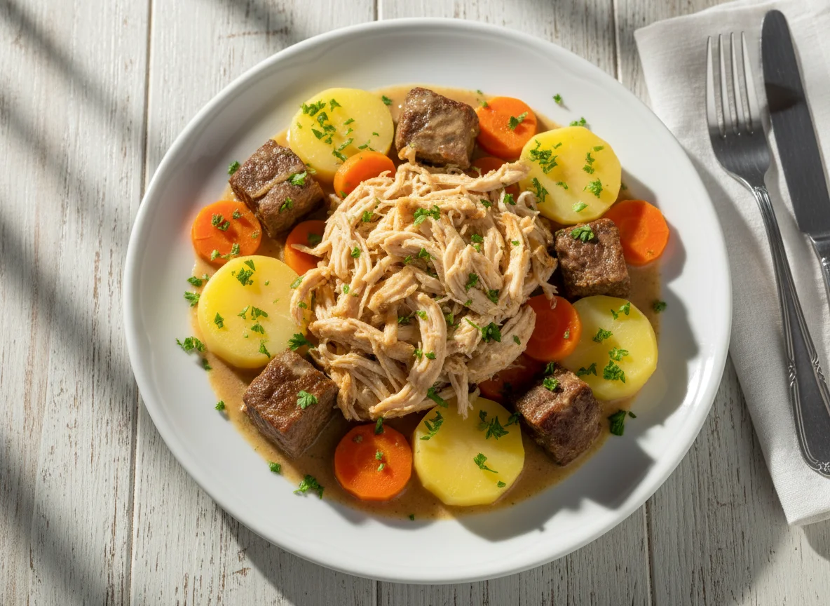 Carne com legumes e frango desfiado photo