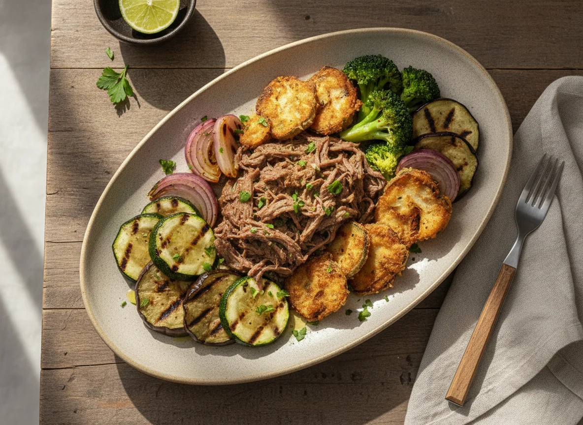Carne com legumes grelhados e empanado photo