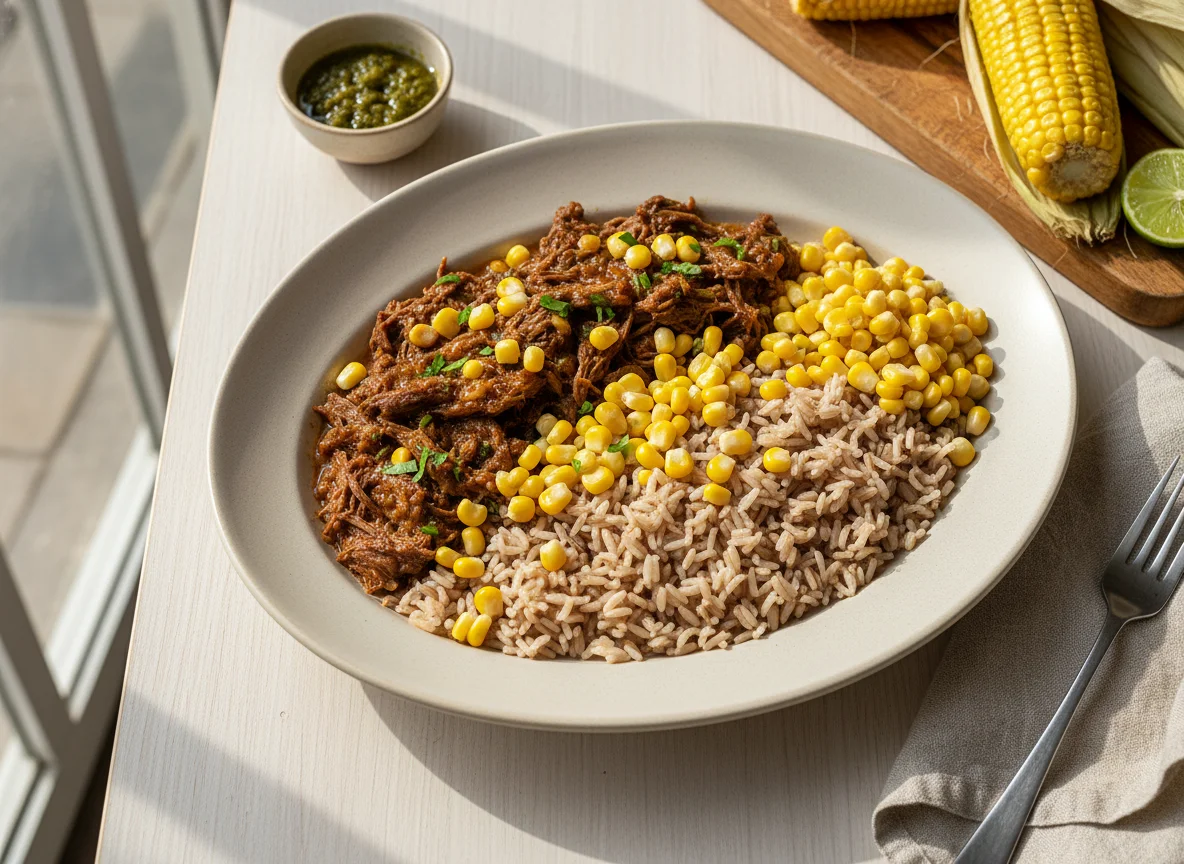 Carne com milho e arroz integral photo