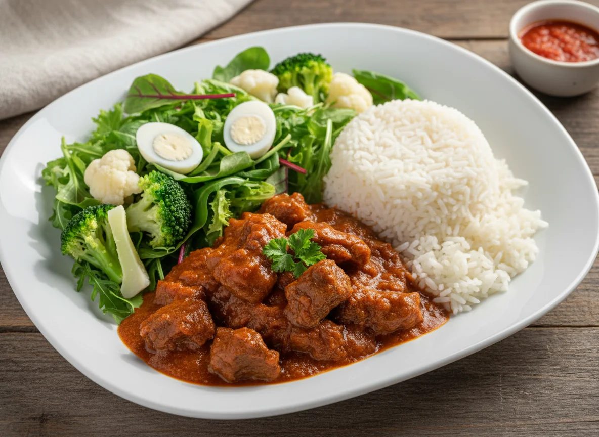 Carne com molho, arroz e salada photo
