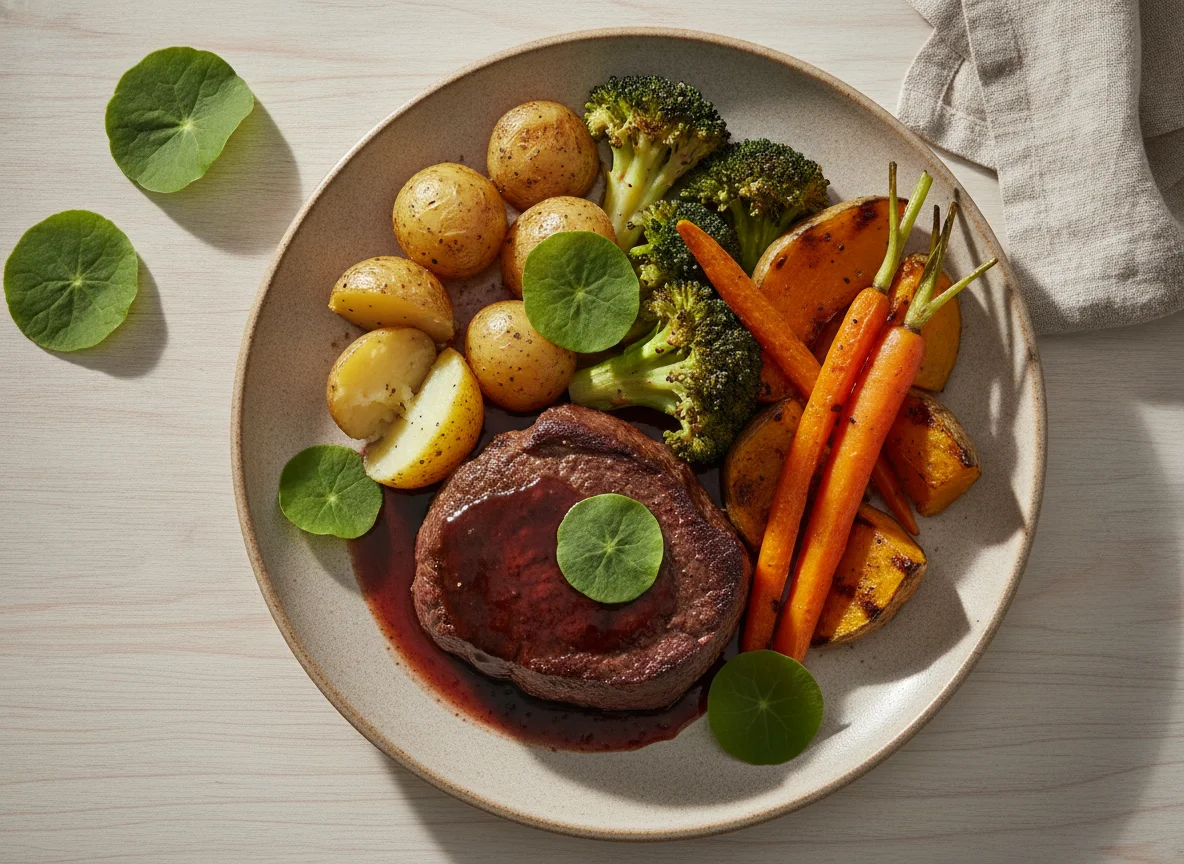 Carne com Molho de Vinho Tinto e Legumes Assados photo