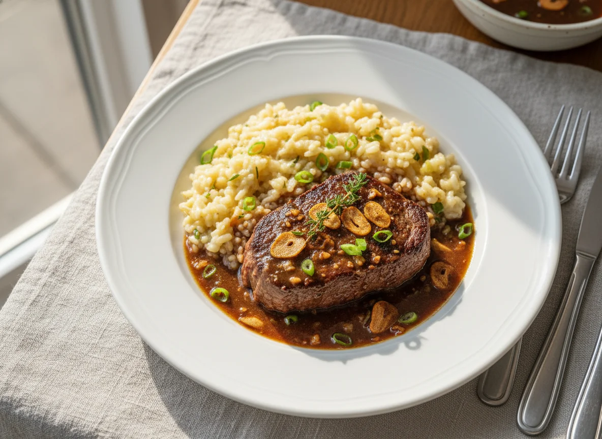 Carne com molho e risoto photo