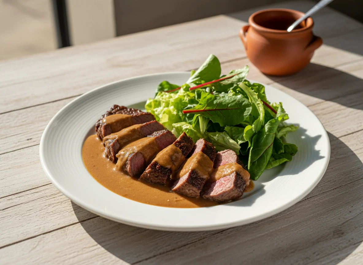 Carne com molho e salada photo