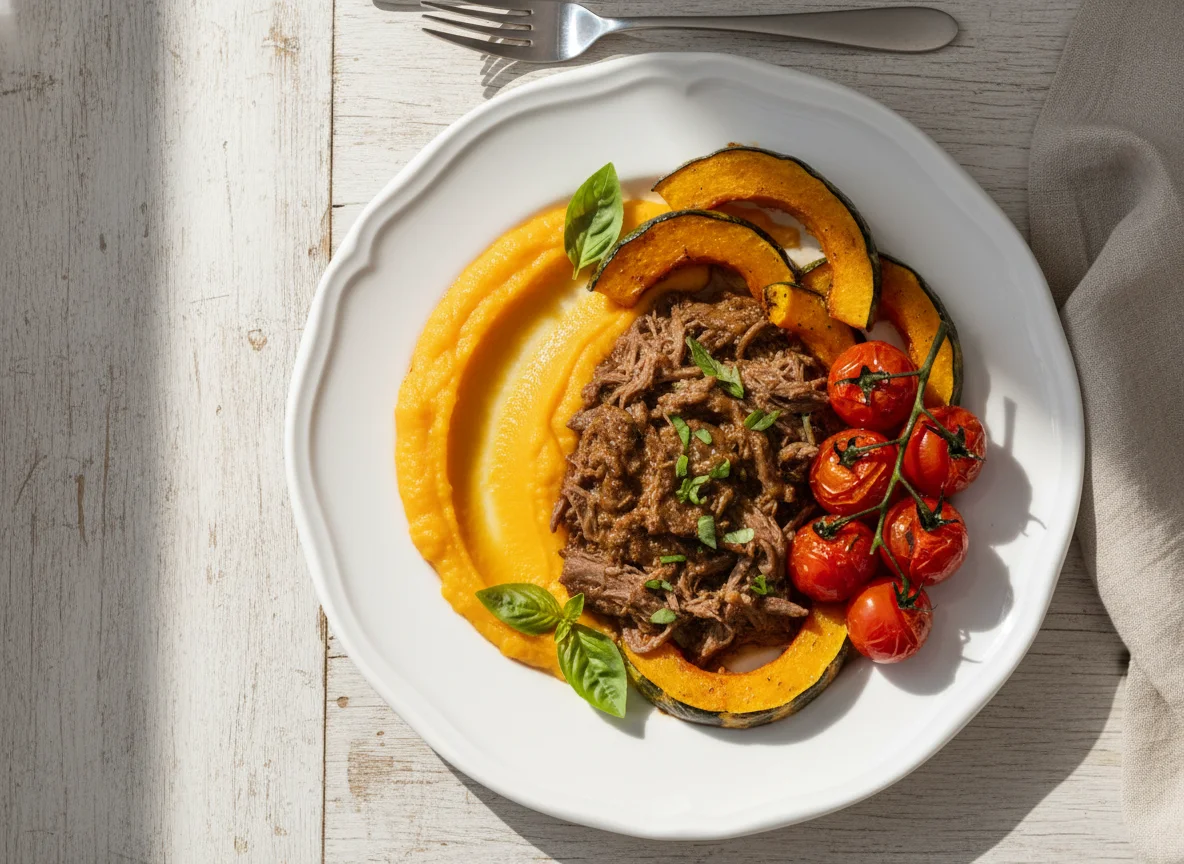 Carne com purê de batata doce e legumes photo
