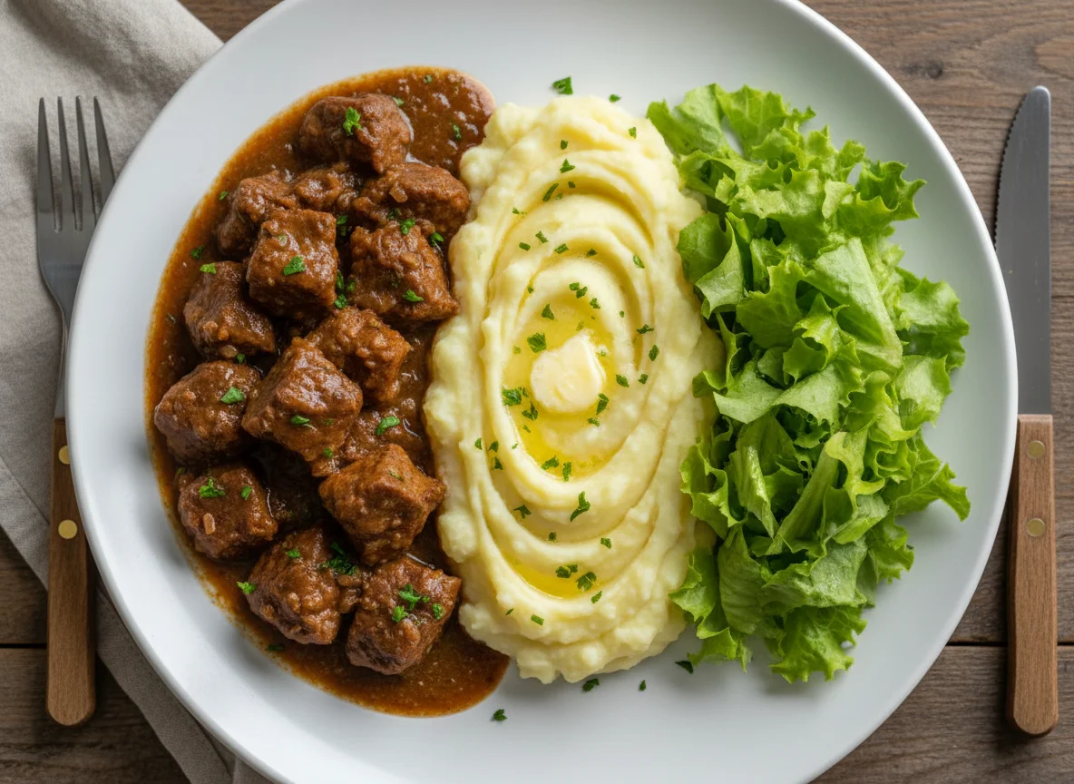 Carne com purê de batata e salada photo