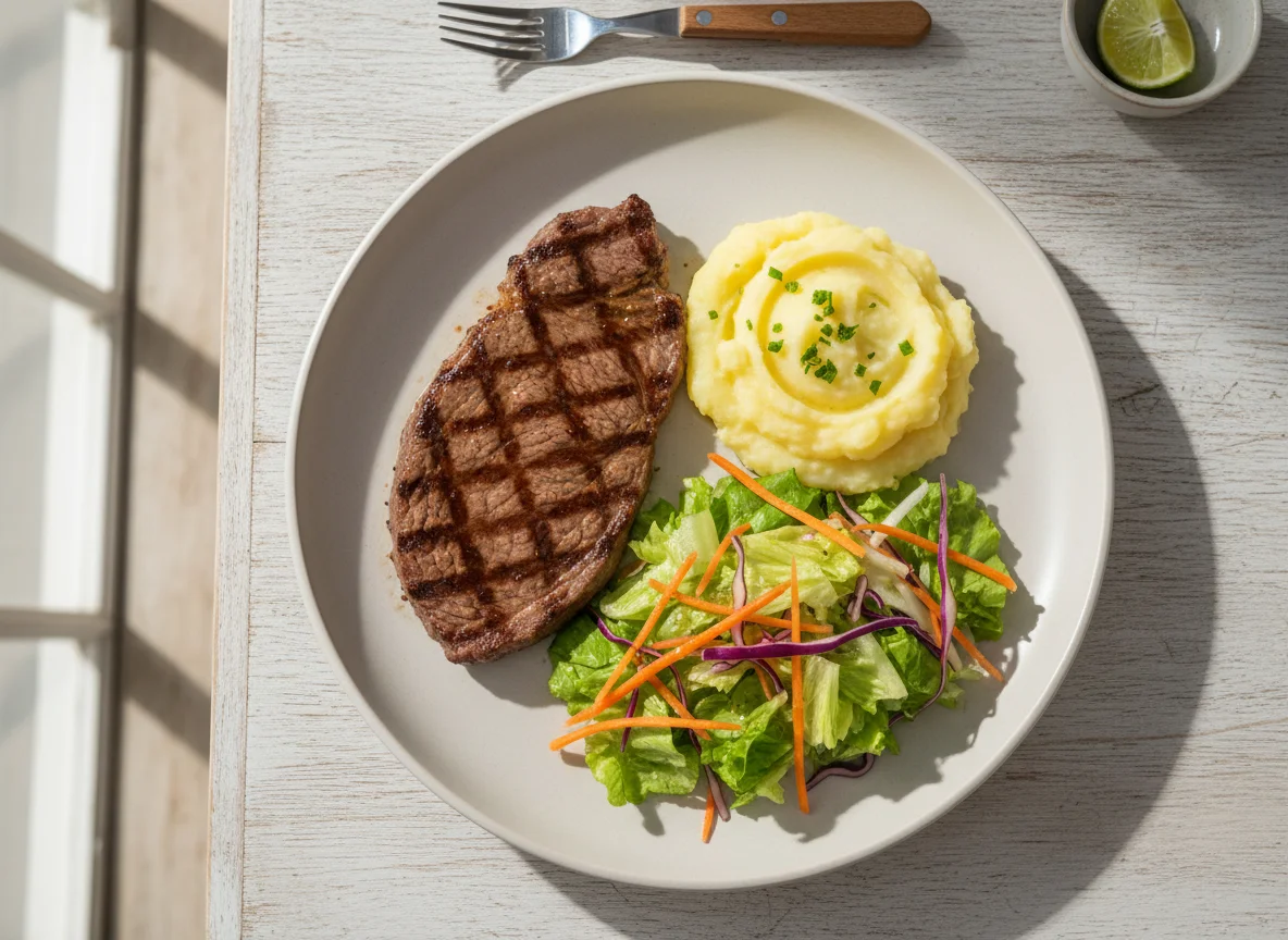 Carne com purê e salada photo