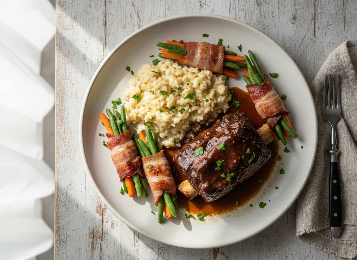 Carne com Risoto e Legumes Enrolados em Bacon photo