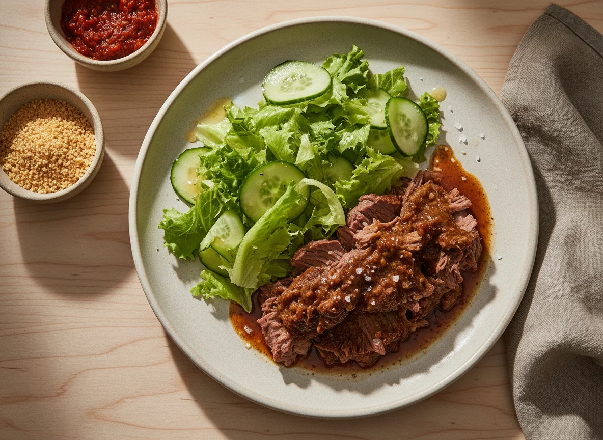 Carne com salada de alface e pepino photo