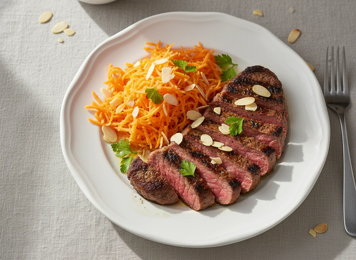 Carne com salada de cenoura e amêndoas photo