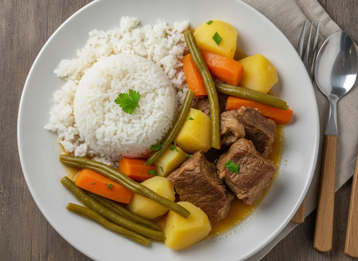 Carne cozida com arroz, batata e legumes photo