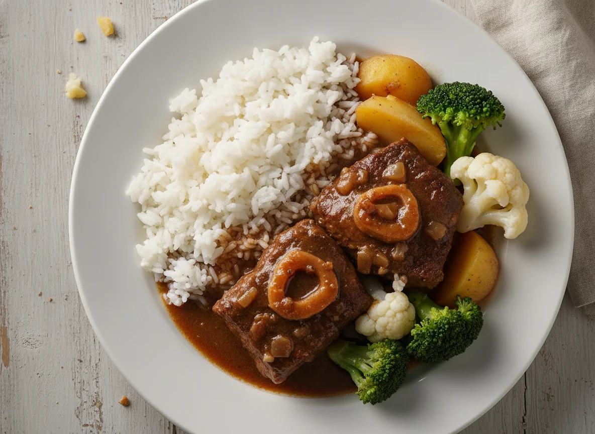 Carne cozida com arroz, brócolis e couve-flor photo