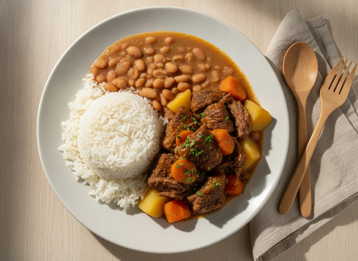 Carne cozida com arroz e feijão photo