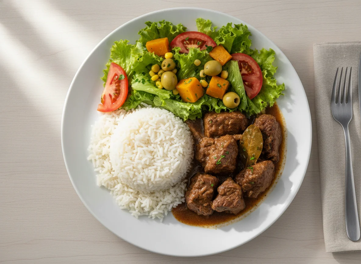 Carne cozida com arroz e salada photo