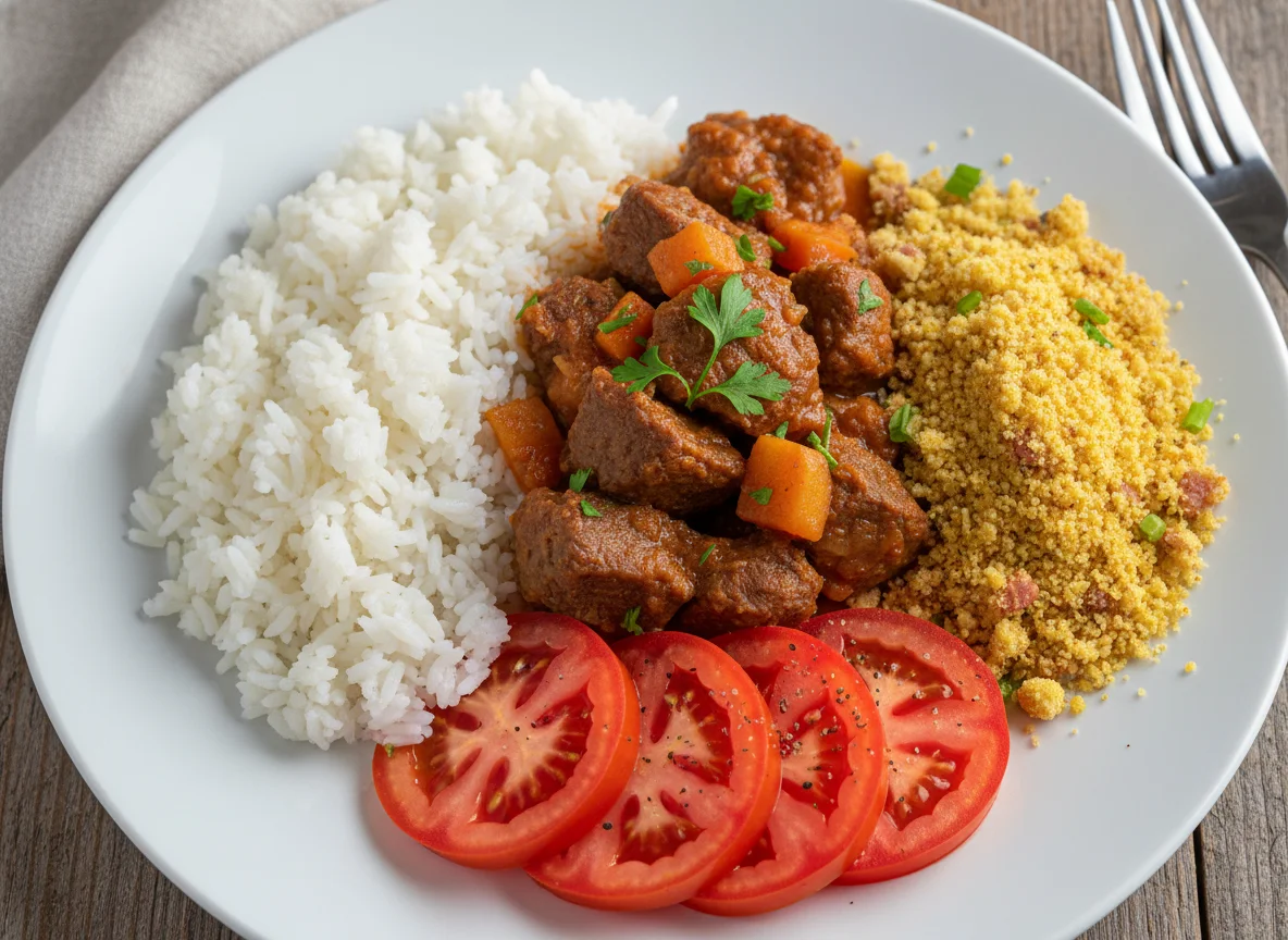 Carne cozida com arroz, farofa e tomate photo