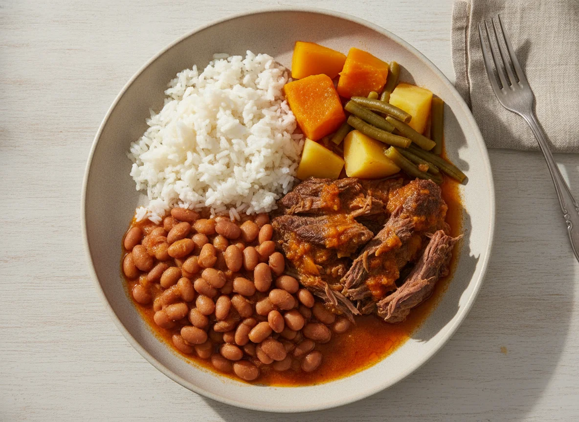 Carne cozida com arroz, feijão e legumes photo
