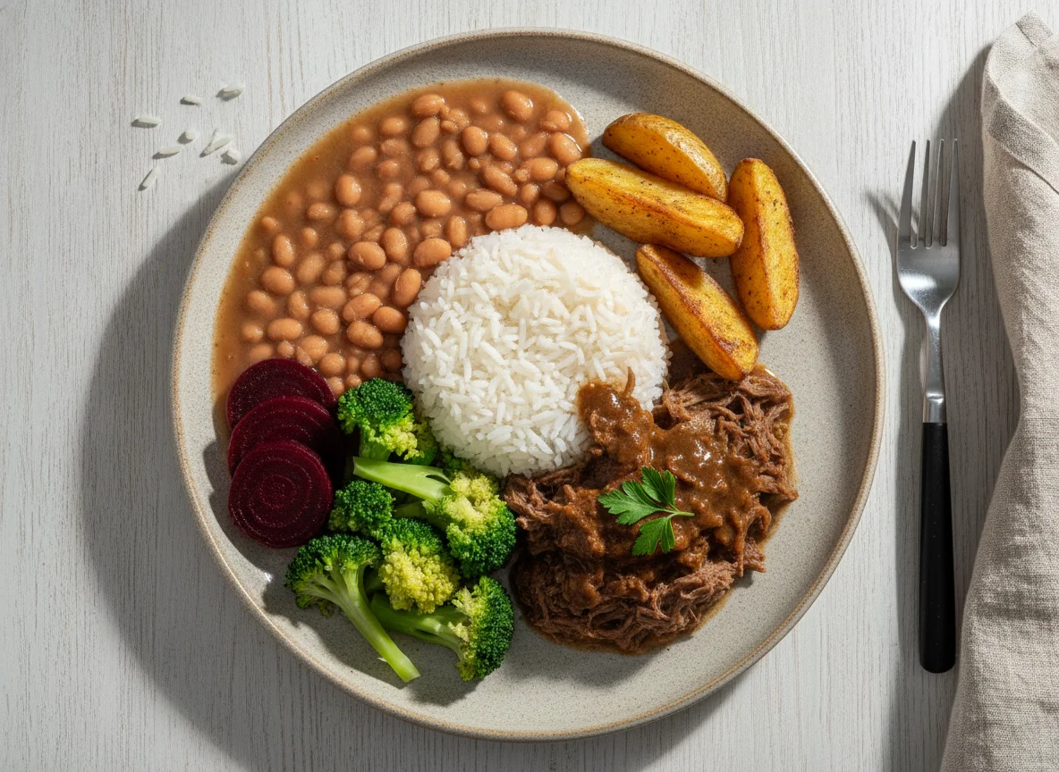 Carne cozida com arroz, feijão e vegetais photo