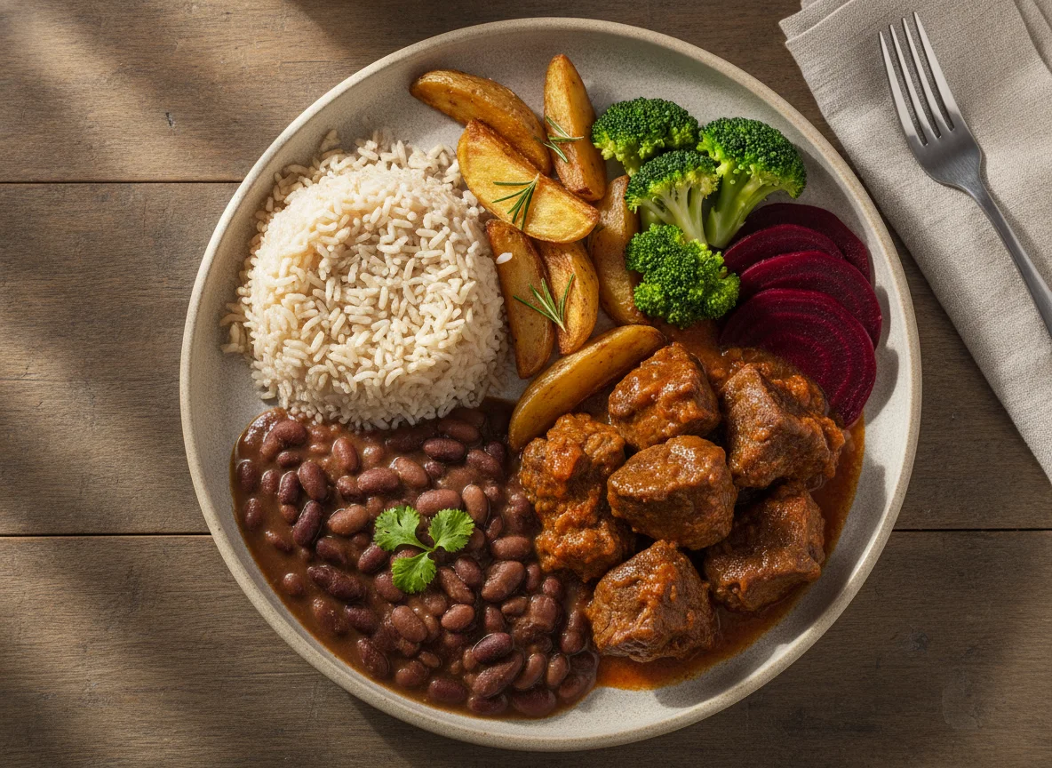 Carne cozida com arroz integral, feijão e vegetais photo