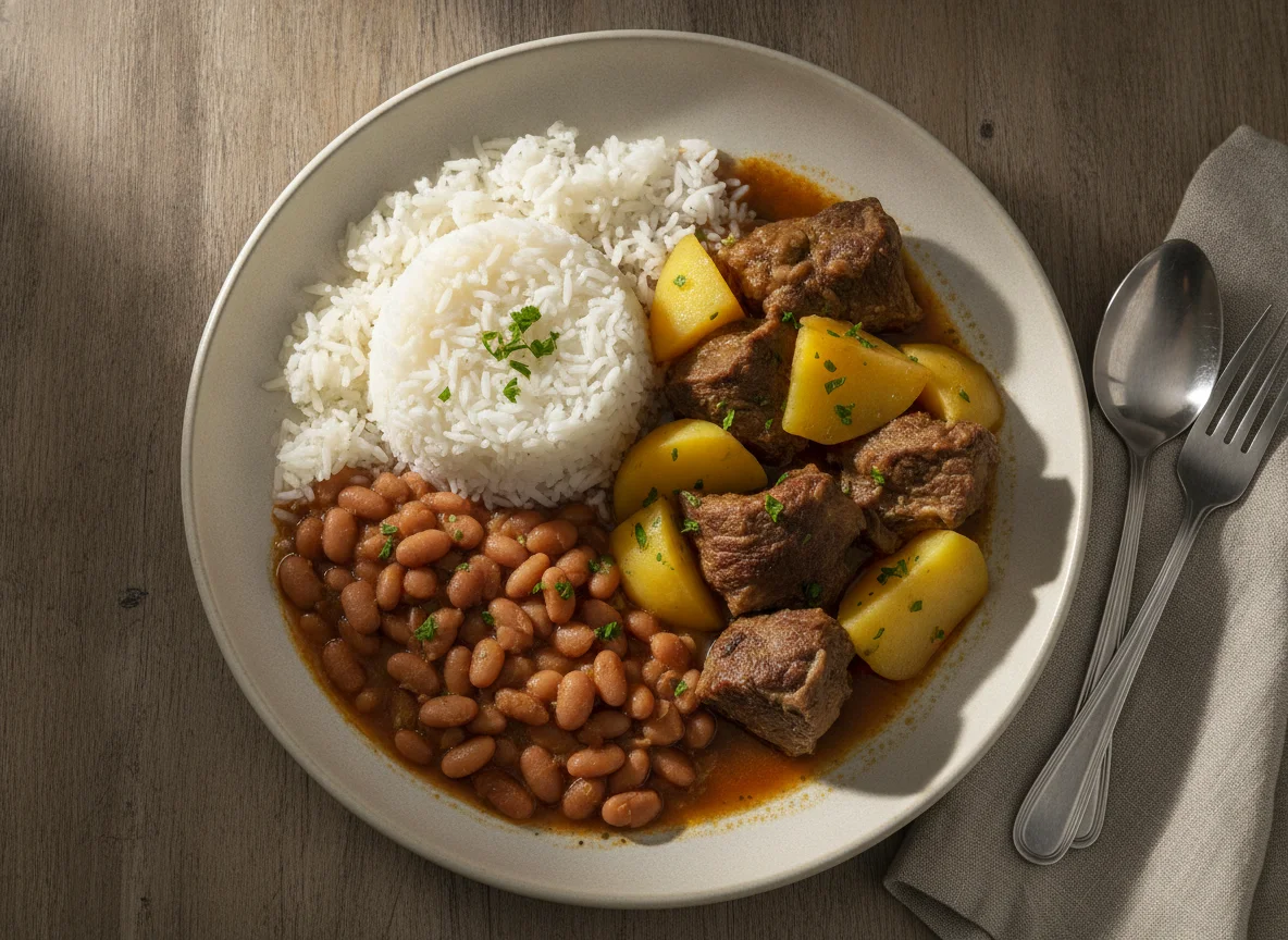 Carne cozida com batata, arroz e feijão photo