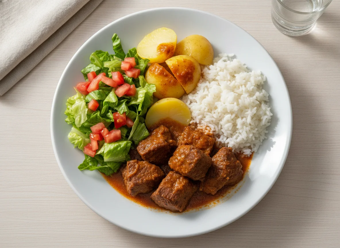 Carne cozida com batata, arroz e salada photo