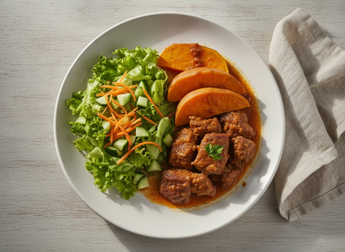 Carne cozida com batata doce e salada mista photo