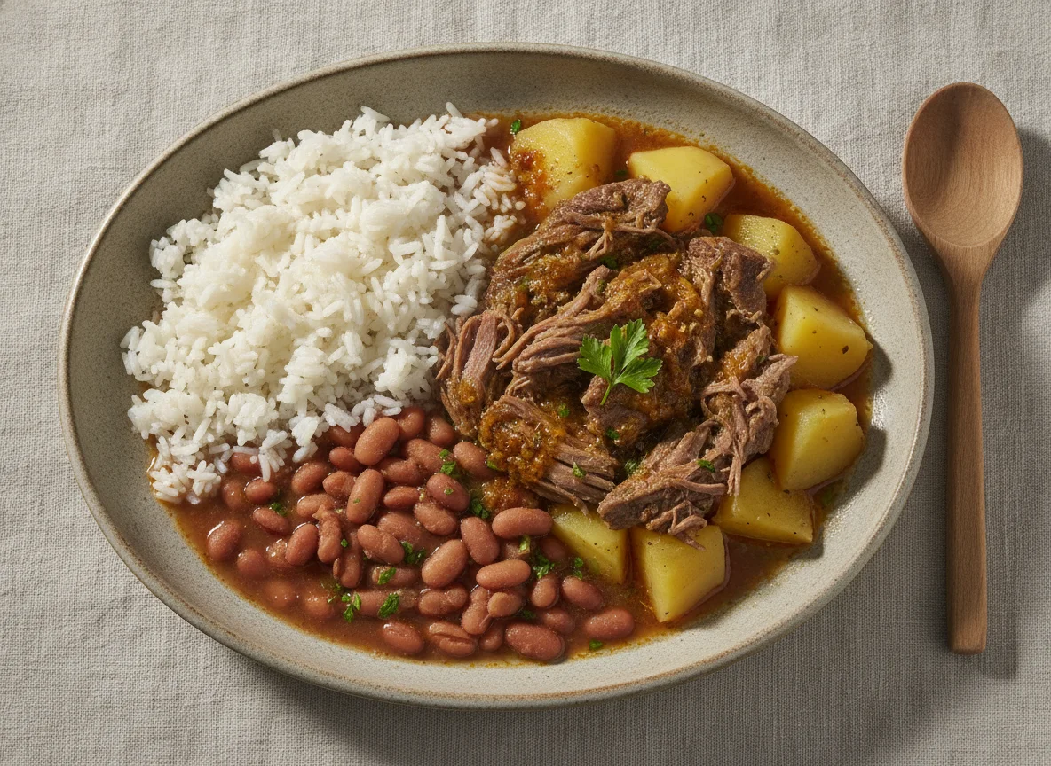 Carne cozida com batatas, arroz e feijão photo