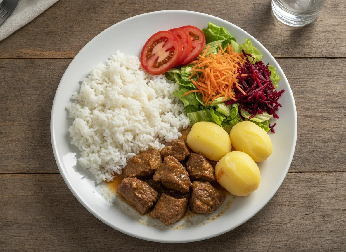 Carne cozida com batatas, arroz e salada mista photo