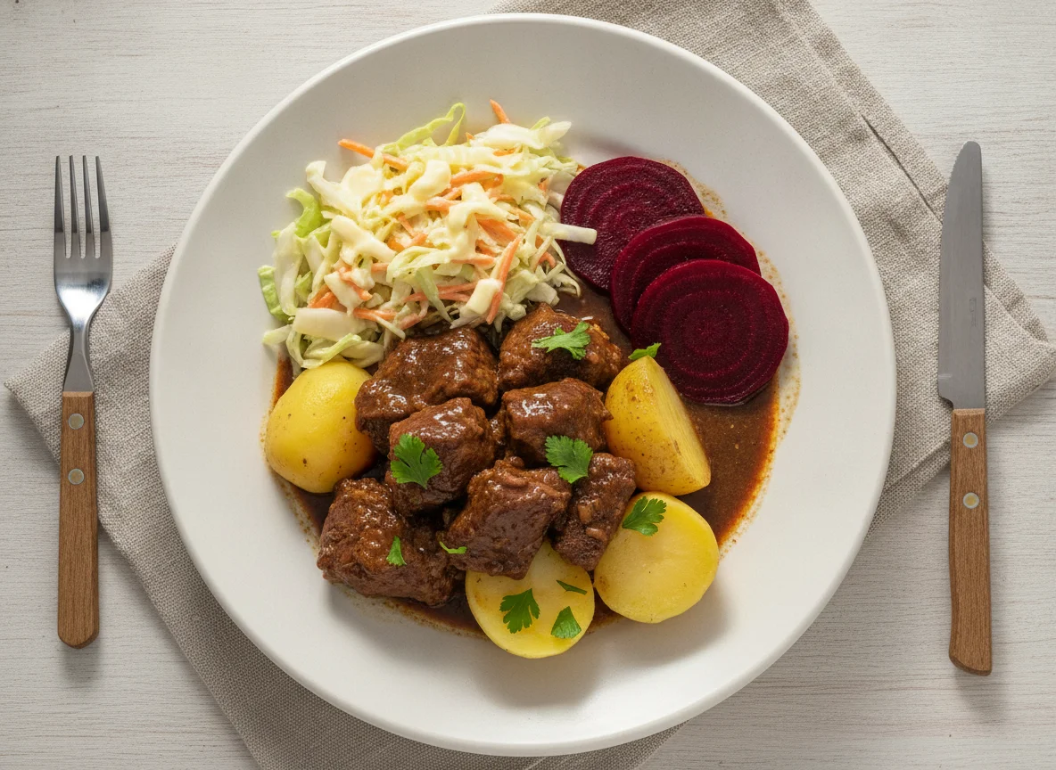 Carne cozida com batatas, beterraba e salada de repolho photo