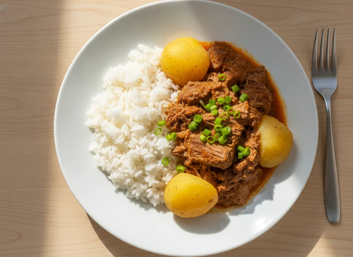 Carne cozida com batatas e arroz photo