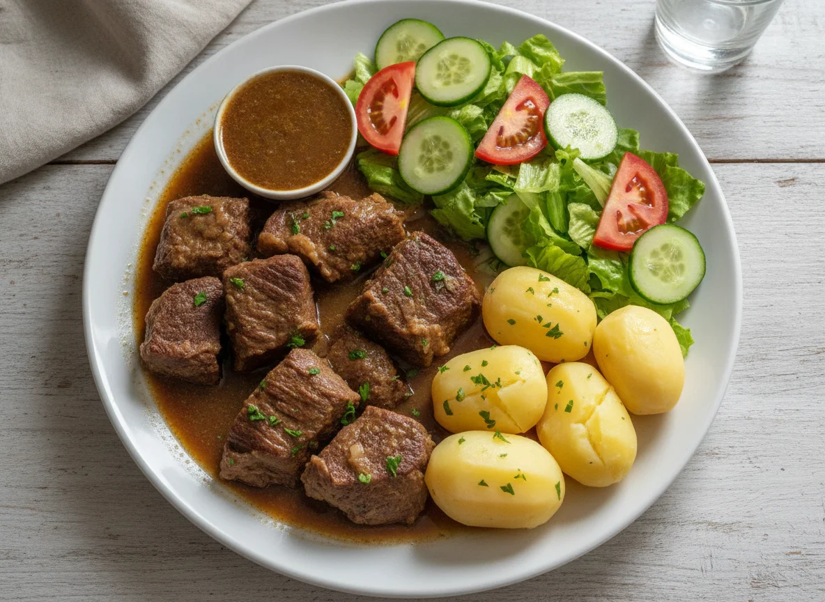 Carne cozida com batatas e salada photo